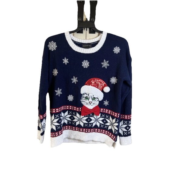 Blizzard Bay Christmas Cat Kitty Sweater Sequin Pompom Embroidered Sz Large - Picture 1 of 8